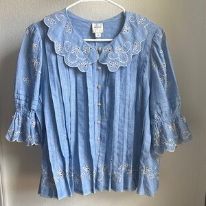 Blue Embroidered Blouse with Scalloped Collar